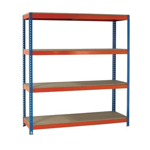 SBY22589 | The strong metal frame and high density chipboard shelves of this boltless shelving unit can carry up to 600kg of items across four shelves at variable heights, each adjustable at 40mm increments. Designed for easy assembly, there's no bolts or screws to tighten or nails to hammer; just tap into place. It's ideal for carrying all kinds of tools, equipment or retail items.