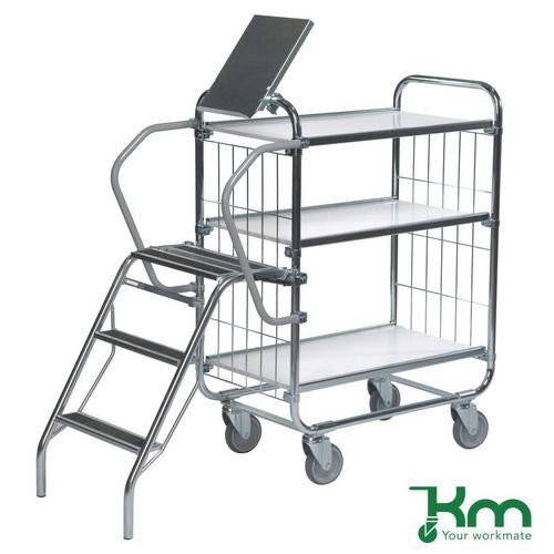 Konga order picking trolleys with retractable steps and 3 shelves