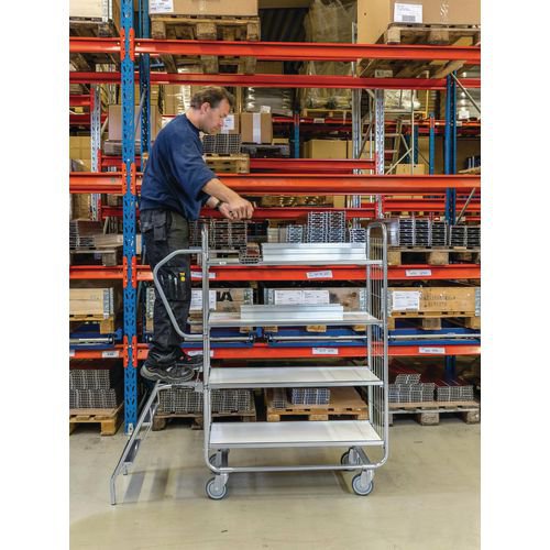 Konga order picking trolleys with retractable steps and 4 shelves