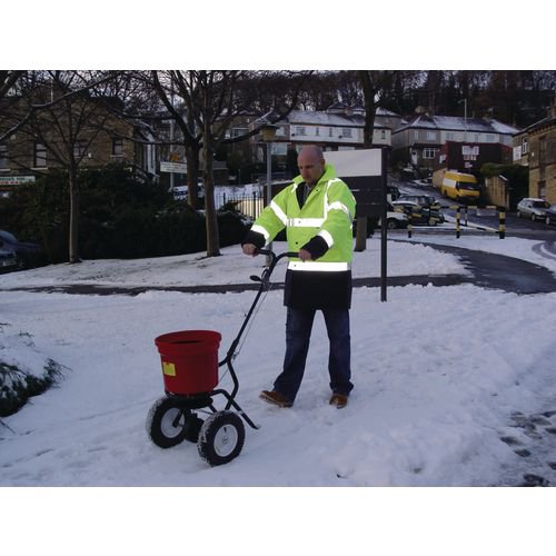 WE23474 | This salt spreader allows you to easily clear large areas of snow or ice, ensuring that pathways, roads and car parks are suitable for safe use. Featuring pneumatic tyres and an adjustable, 3-speed gear box, this salt spreader is rugged and can be used in the very worst weather without problems. Supplied with a rain cover, hopper screen and a capacity of 22kg, your salt remains dry and easy to disseminate over a large area.