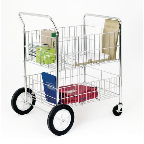 Chrome plated mailroom trolley with removable shelf