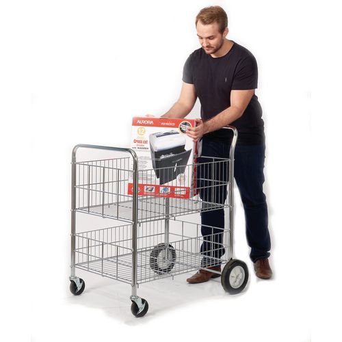Chrome plated mailroom trolley with removable shelf