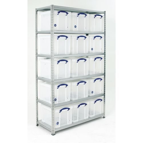 Really Useful Box® boltless steel shelf archive storage with containers - Galvanised shelving complete with 15 clear boxes