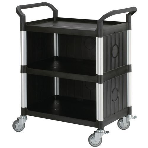 Three tier plastic utility tray trolleys with open sides and ends with 3 standard black shelves, back & side panels