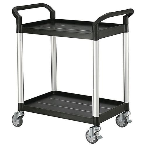 Two tier plastic utility tray trolleys with open sides and ends with 2 standard size shelves