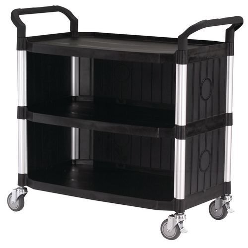 Three tier plastic utility tray trolleys with open sides and ends with 3 large black shelves, back & side panels
