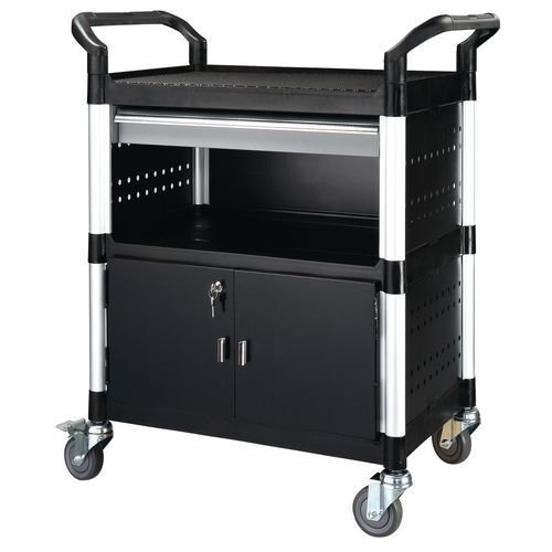 Plastic shelf trolleys with drawers - with 3 shelves, 1 drawer, sides and back panels