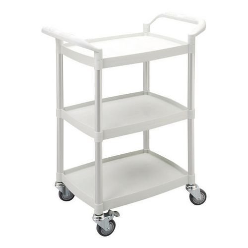 Three tier plastic utility tray trolleys with open sides and ends with 3 mini white shelves