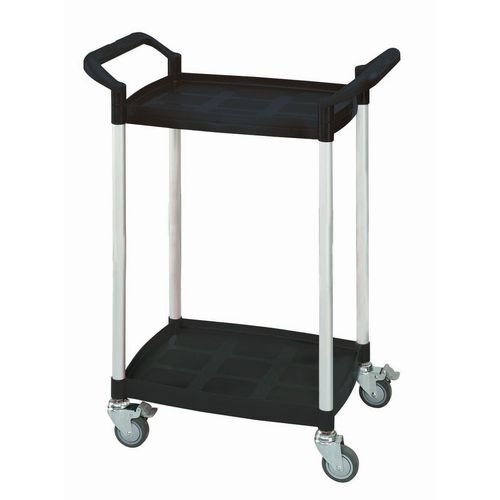 Two tier plastic utility tray trolleys with open sides and ends with 2 black mini size shelves