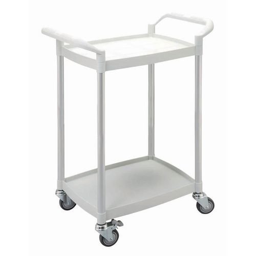 Two tier plastic utility tray trolleys with open sides and ends with 2 white mini size shelves