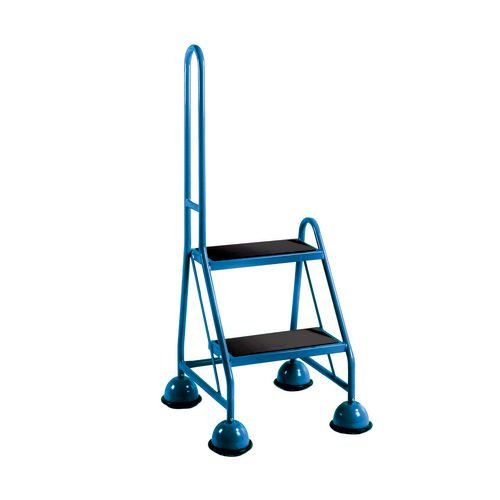 2 Tread Spring Loaded Step, Single Handrail, Anti-Slip Treads Light Blue