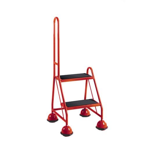 2 Tread Spring Loaded Step, Single Handrail, Rubber Treads Red