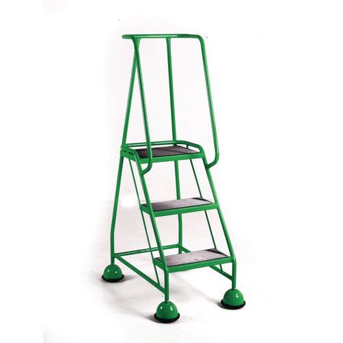 Mobile platform steps with cup feet and full handrail 3 tread in green