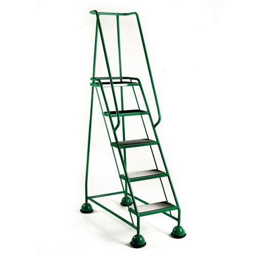 Mobile platform steps with cup feet and full handrail 5 tread in green