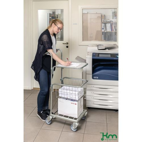 Adjustable mini mail distribution trolley with 1 shelf and 1 basket