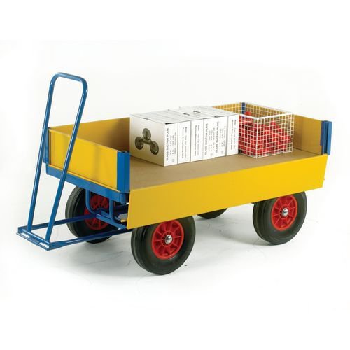 Turntable trucks with MDF platforms and drop down sides, 1200 x 600 on solid rubber tyres - capacity 350kg