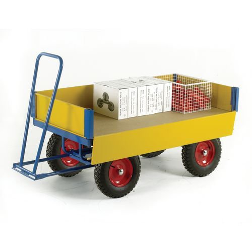 Turntable trucks with MDF platforms and drop down sides, 1200 x 600 on pneumatic tyres - capacity 500kg
