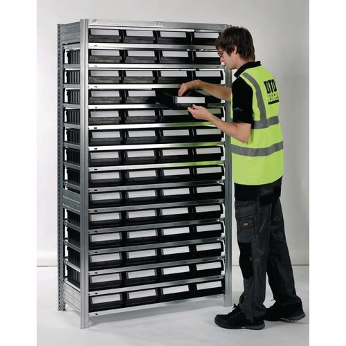 Galvanised shelving including shelf bins Starter and add on bays - 14 shelves - 56 bins