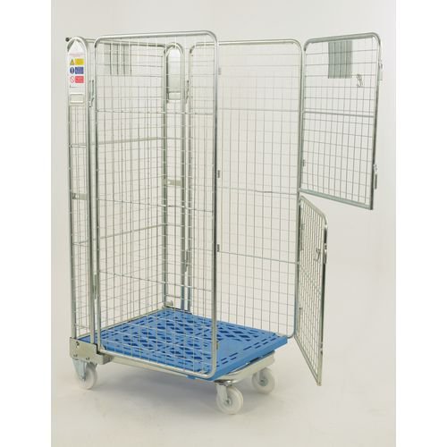 Nestable 'A' frame roll containers with mesh panels - blue plastic base