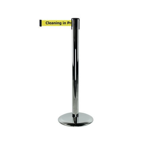 Tensator® Advance retractable barrier system with text webbing -  Polished chrome post with Cleaning in progress message