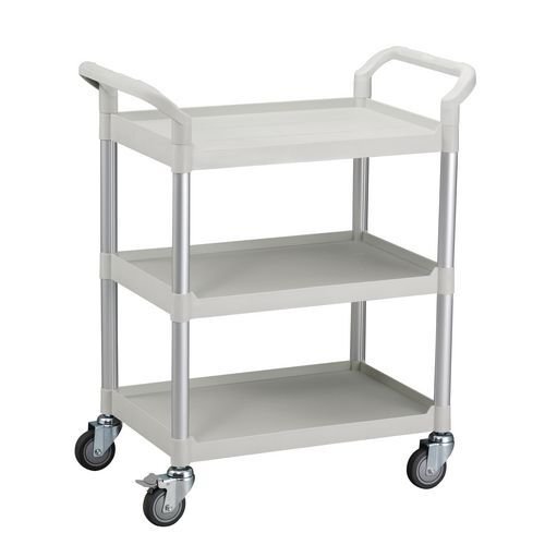Three tier plastic utility tray trolleys with open sides and ends with 3 standard white