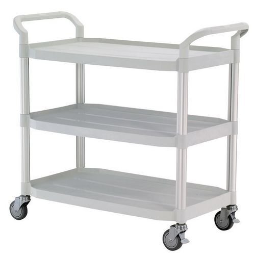 Three tier plastic utility tray trolleys with open sides and ends with 3 large white