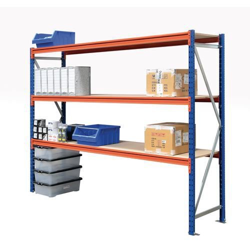 Heavy duty wide span racking with chipboard shelves - 500kg - Starter bays with chipboard shelves