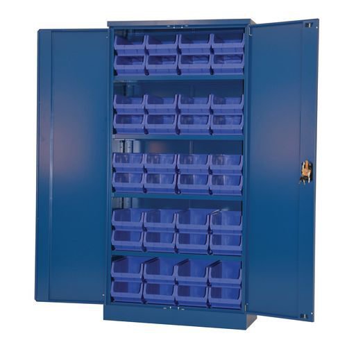 Steel cupboards complete with 40 polypropylene bins - Two cabinet colours with blue, red or mixed bins