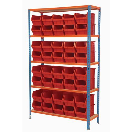 Boltless shelving with small parts bins, red bins