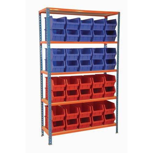 Boltless shelving with small parts bins, blue/red bins