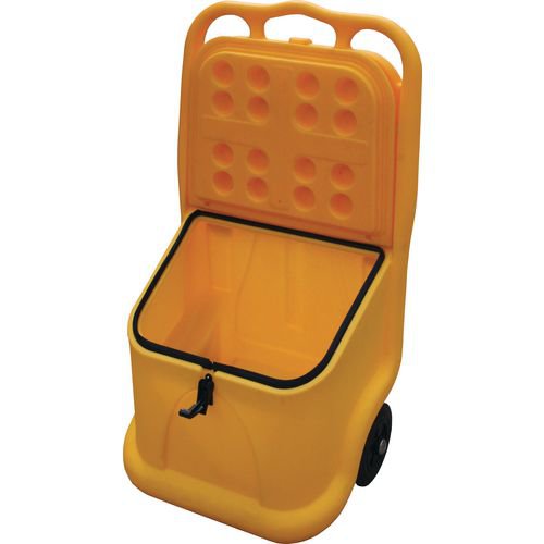 WE39142 | This handy, yellow mobile salt and grit bin is designed for quick and convenient salt spreading, allowing you to take salt to where it is most needed and enabling more efficient salt spreading in larger areas, such as car parks. The robust rubber wheels provide easier mobility, even over uneven surfaces and the ergonomic handle makes mobility easier, with the option to push or pull the bin. The slanted lid helps to keep contents dry and can be fixed in a vertical position when spreading salt or grit. The mobile bin is manufactured from polyethylene, measures W590 x D435 x H1070mm and has a 75 litre capacity.