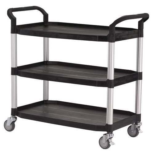Three tier plastic utility tray trolleys with open sides and ends with 3 large black shelves