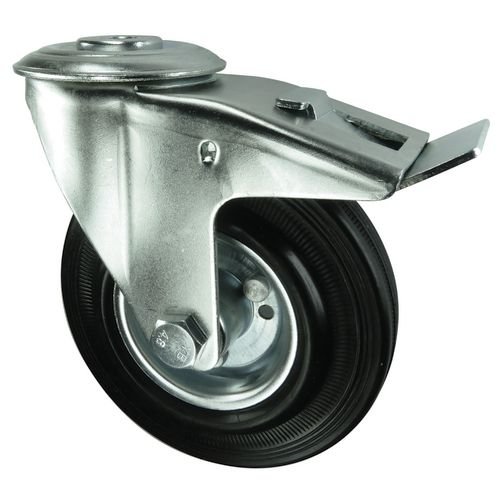 Medium Duty Pressed Steel Braked Castor, 80mm Cushion Rubber Tyred Wheel