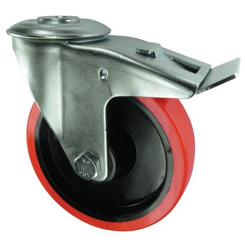 Medium Duty Pressed Steel Braked Castor, 80mm Polyurethane Tyred Wheel