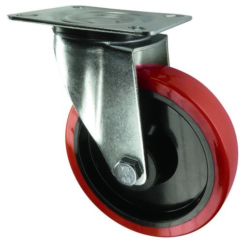 Medium Duty Pressed Steel Braked Castor, 160mm Polyurethane Tyred Wheel