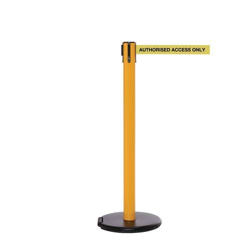 Wheeled retractable belt safety barrier with printed message - set of 2