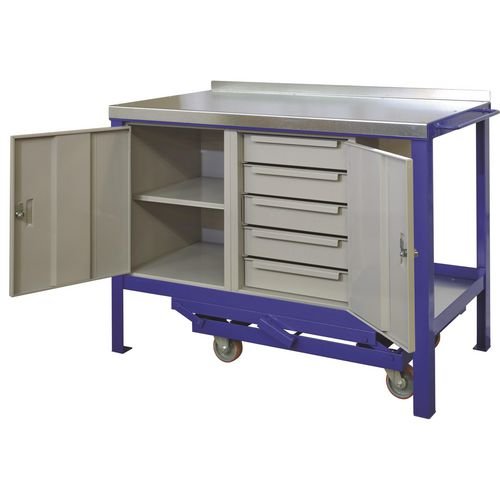 Heavy Duty Mobile Workbench 1200 X 600 With Cupboard And 5 Drawer Unit