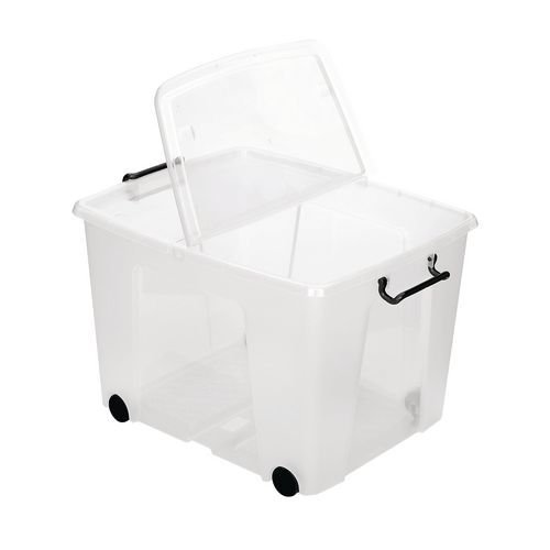Clear containers with secure folding lids - 75L, with wheels