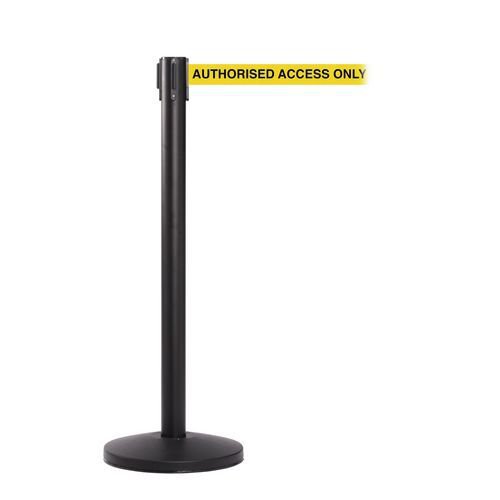 Retractable belt barrier with printed safety message