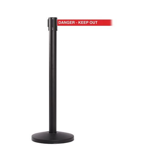 Retractable belt barrier with printed safety message