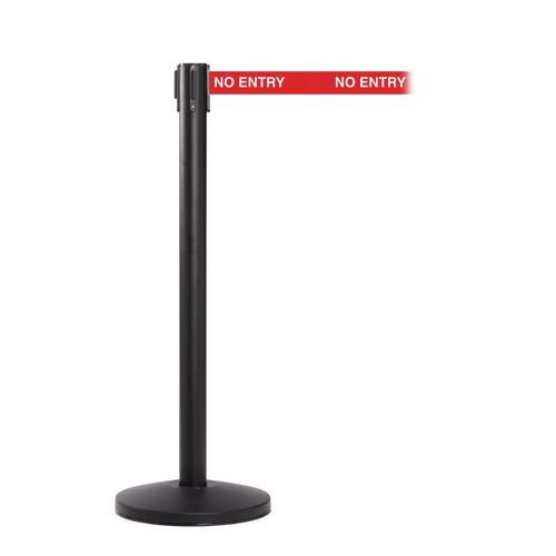 Retractable belt barrier with printed safety message