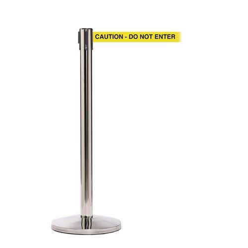 Retractable belt barrier with printed safety message