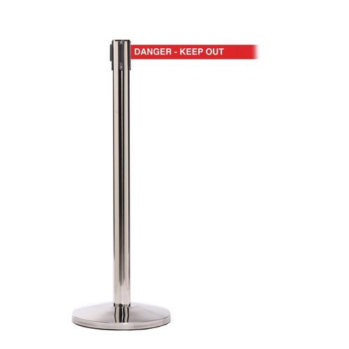 Retractable belt barrier with printed safety message