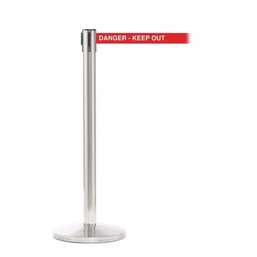 Retractable belt barrier with printed safety message