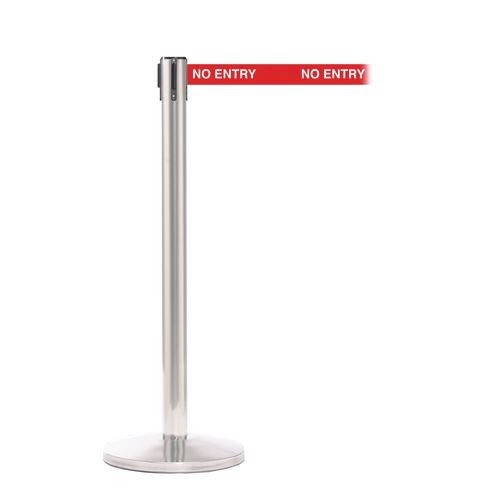 Retractable belt barrier with printed safety message