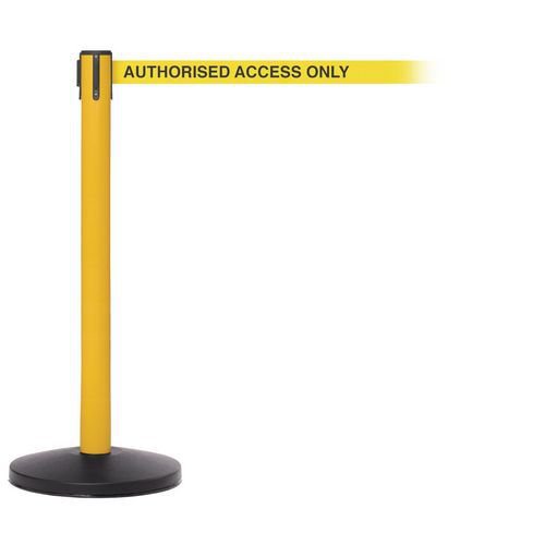 Industrial retractable belt barrier with printed safety message