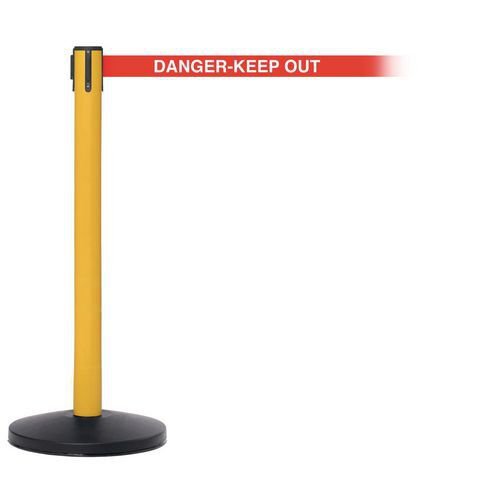 Industrial retractable belt barrier with printed safety message