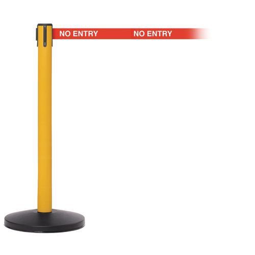 Industrial retractable belt barrier with printed safety message