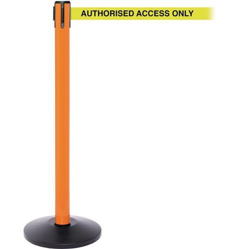 Industrial retractable belt barrier with printed safety message