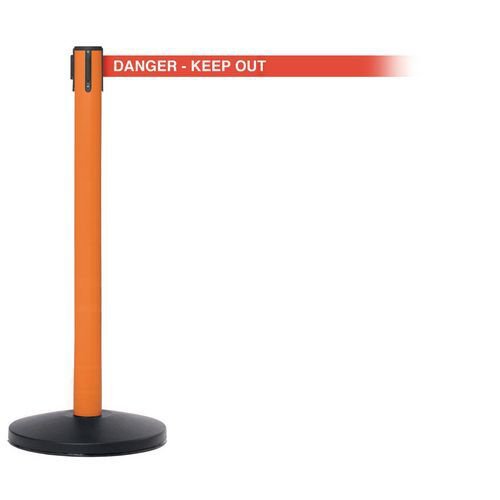 Industrial retractable belt barrier with printed safety message